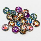 Assorted handcrafted game tokens with metallic bottoms, designed for tabletop gameplay. Each circular token features vibrant colors and distinct labels such as 'AP +1 DAMAGE', 'AP +2 DAMAGE', 'AP +3 DAMAGE', 'HP +2', and 'ACTION USED'.