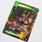 Trading card featuring 'Gundam Deathscythe' from the Operation Meteor series in the Gundam TCG. The card has a green and black design, showing the Gundam wielding a glowing scythe. Two Battle Baubles tokens - 'AP -2' and '3 DAMAGE' - are placed on the card to indicate active effects.