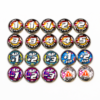 Set of 20 handcrafted game tokens arranged in a 5x4 grid, designed for tabletop gameplay. The top three rows feature damage counters labeled '1 DAMAGE' through '5 DAMAGE'. The fourth row includes ability and health tokens: 'AP +1', 'AP +2', '+1 HP', '+2 HP'. The bottom row shows action status tokens: 'AP +1', 'AP +2', and two 'ACTION USED' markers. Each token has bold text and colorful designs for easy visibility during play.