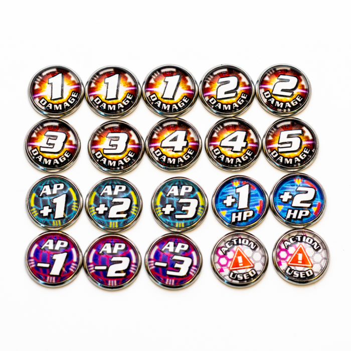 Gundam Photo 6 Set of 20 handcrafted game tokens arranged in a 5x4 grid, designed for tabletop gameplay. The top three rows feature damage counters labeled '1 DAMAGE' through '5 DAMAGE'. The fourth row includes ability and health tokens: 'AP +1', 'AP +2', '+1 HP', '+2 HP'. The bottom row shows action status tokens: 'AP +1', 'AP +2', and two 'ACTION USED' markers. Each token has bold text and colorful designs for easy visibility during play.